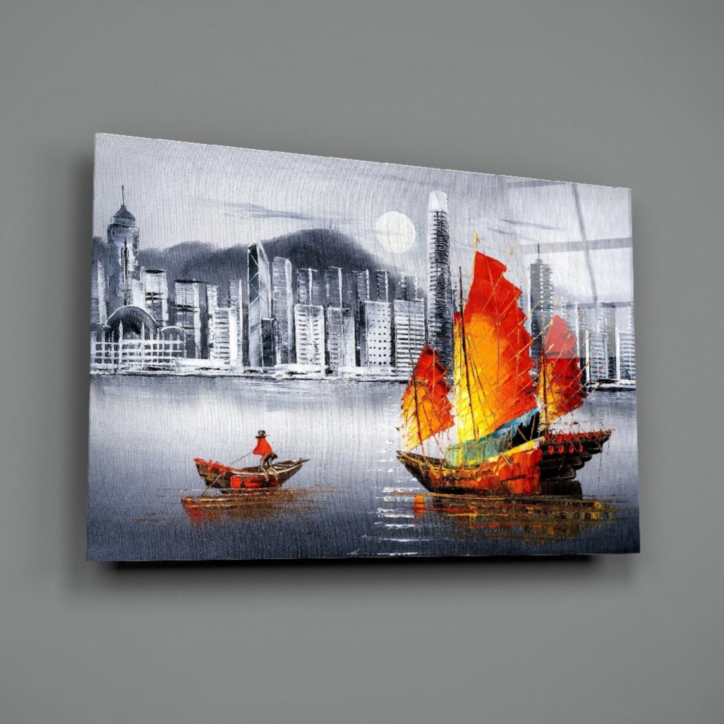 Red Sail Junk Boat Gray Skyline Glass Wall Art