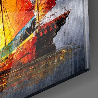 Red Sail Junk Boat Gray Skyline Glass Wall Art