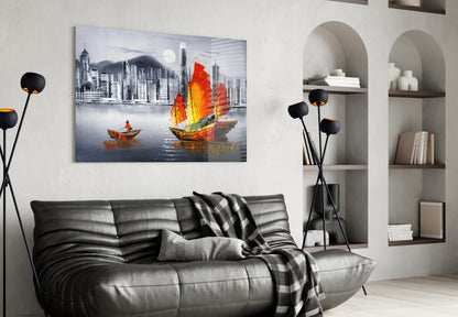 Red Sail Junk Boat Gray Skyline Glass Wall Art