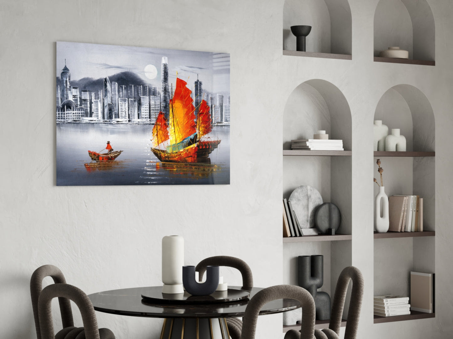 Red Sail Junk Boat Gray Skyline Glass Wall Art