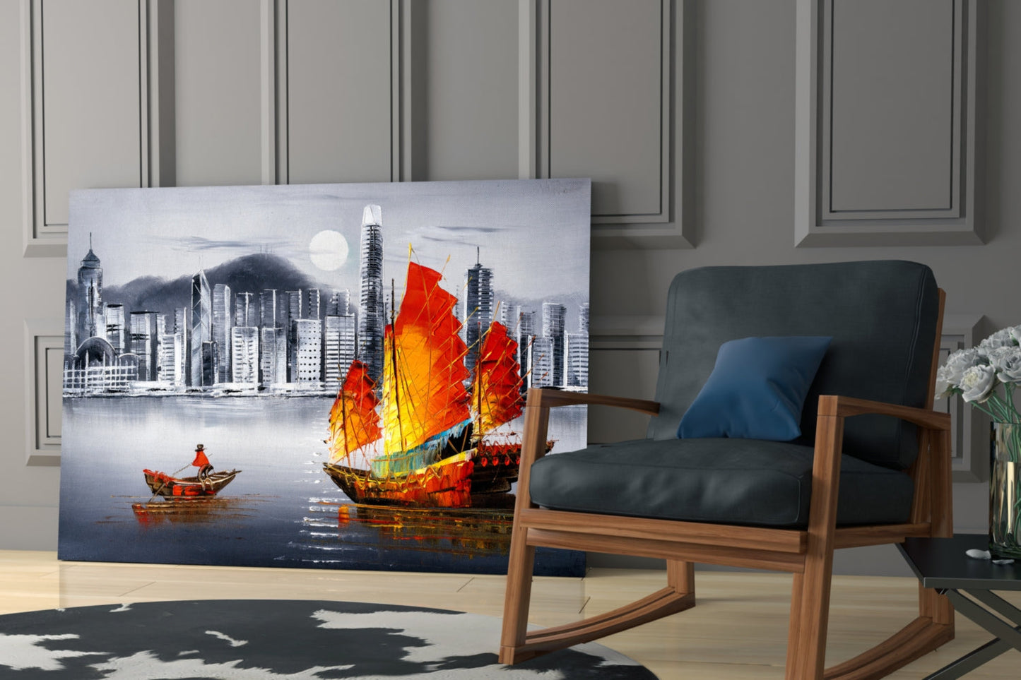 Red Sail Junk Boat Gray Skyline Glass Wall Art