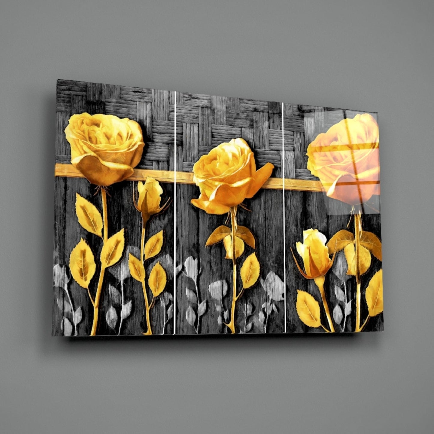 Golden Roses Gray Wood Triptych Glass Wall Art