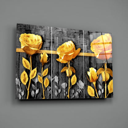 Golden Roses Gray Wood Triptych Glass Wall Art