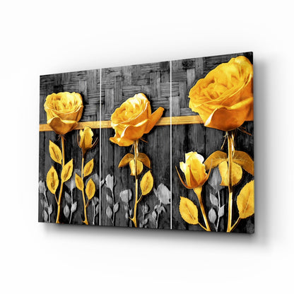 Golden Roses Gray Wood Triptych Glass Wall Art