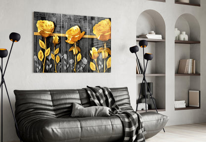Golden Roses Gray Wood Triptych Glass Wall Art