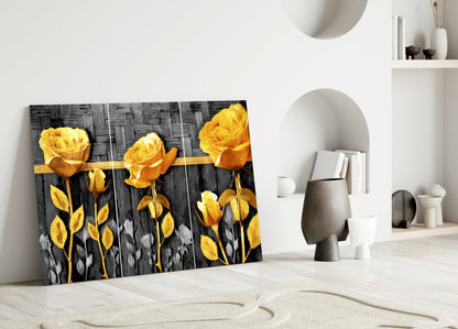 Golden Roses Gray Wood Triptych Glass Wall Art