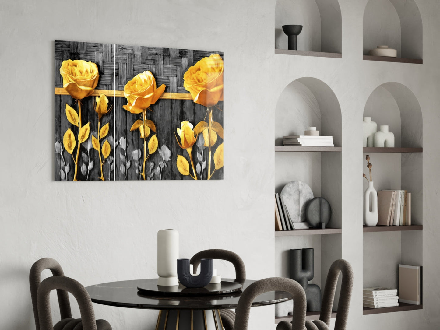 Golden Roses Gray Wood Triptych Glass Wall Art