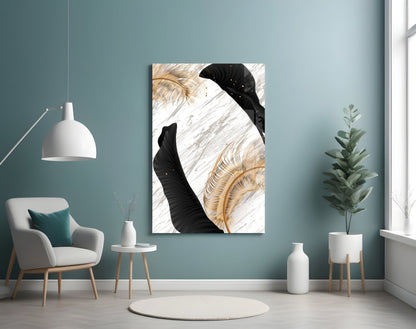 Gold Feather Black Leaf Marble Glass Wall Art