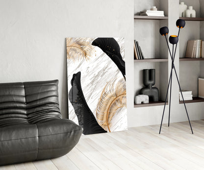 Gold Feather Black Leaf Marble Glass Wall Art