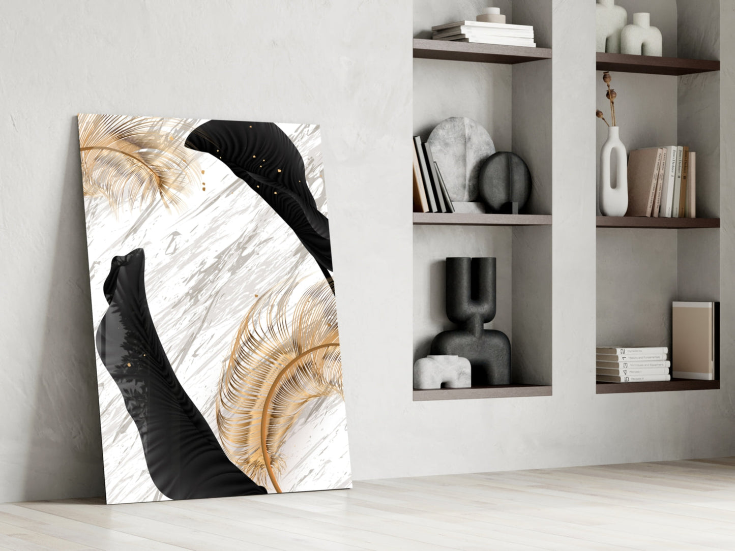 Gold Feather Black Leaf Marble Glass Wall Art