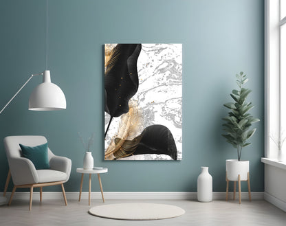 Black Gold Leaf Marble Glass Wall Art