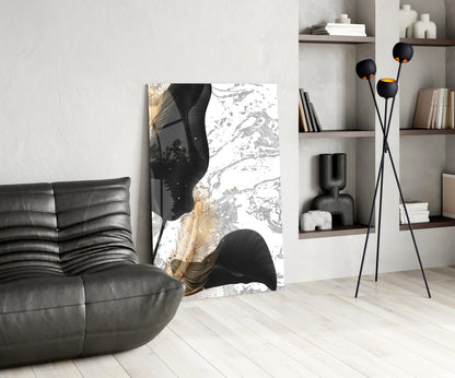 Black Gold Leaf Marble Glass Wall Art