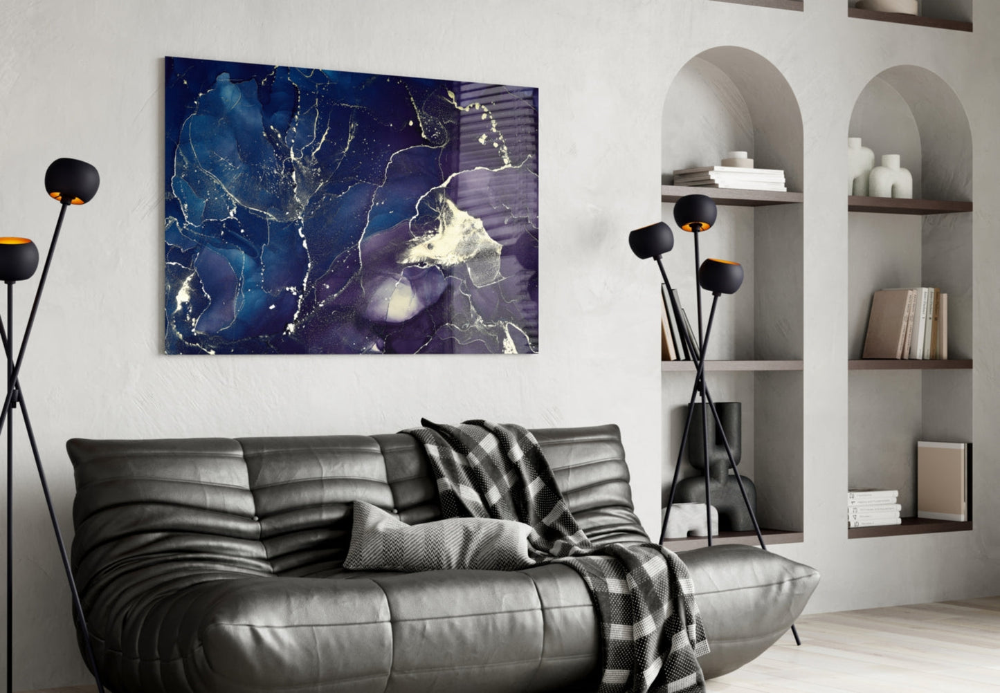 Midnight Navy Gold Ink Glass Wall Art
