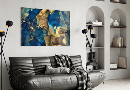 Blue Gold Ink Currents Glass Wall Art