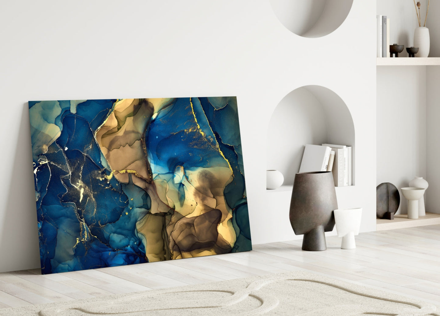 Blue Gold Ink Currents Glass Wall Art