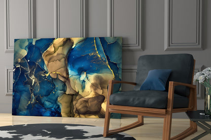 Blue Gold Ink Currents Glass Wall Art