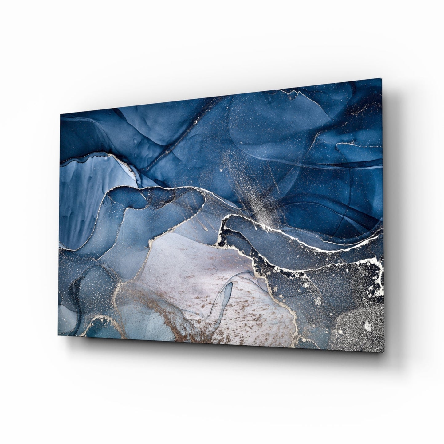 Steel Blue Gold Ink Glass Wall Art