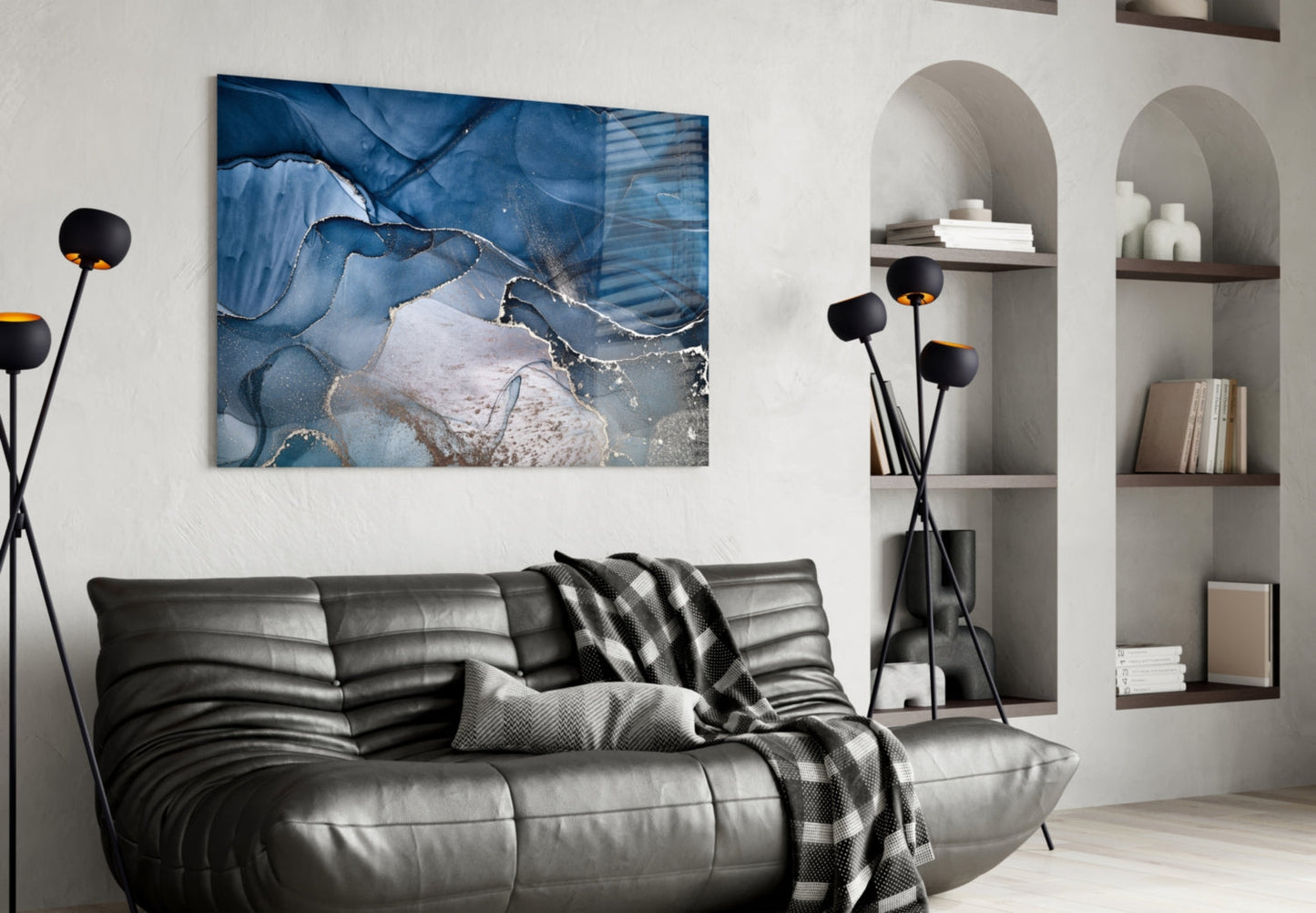 Steel Blue Gold Ink Glass Wall Art