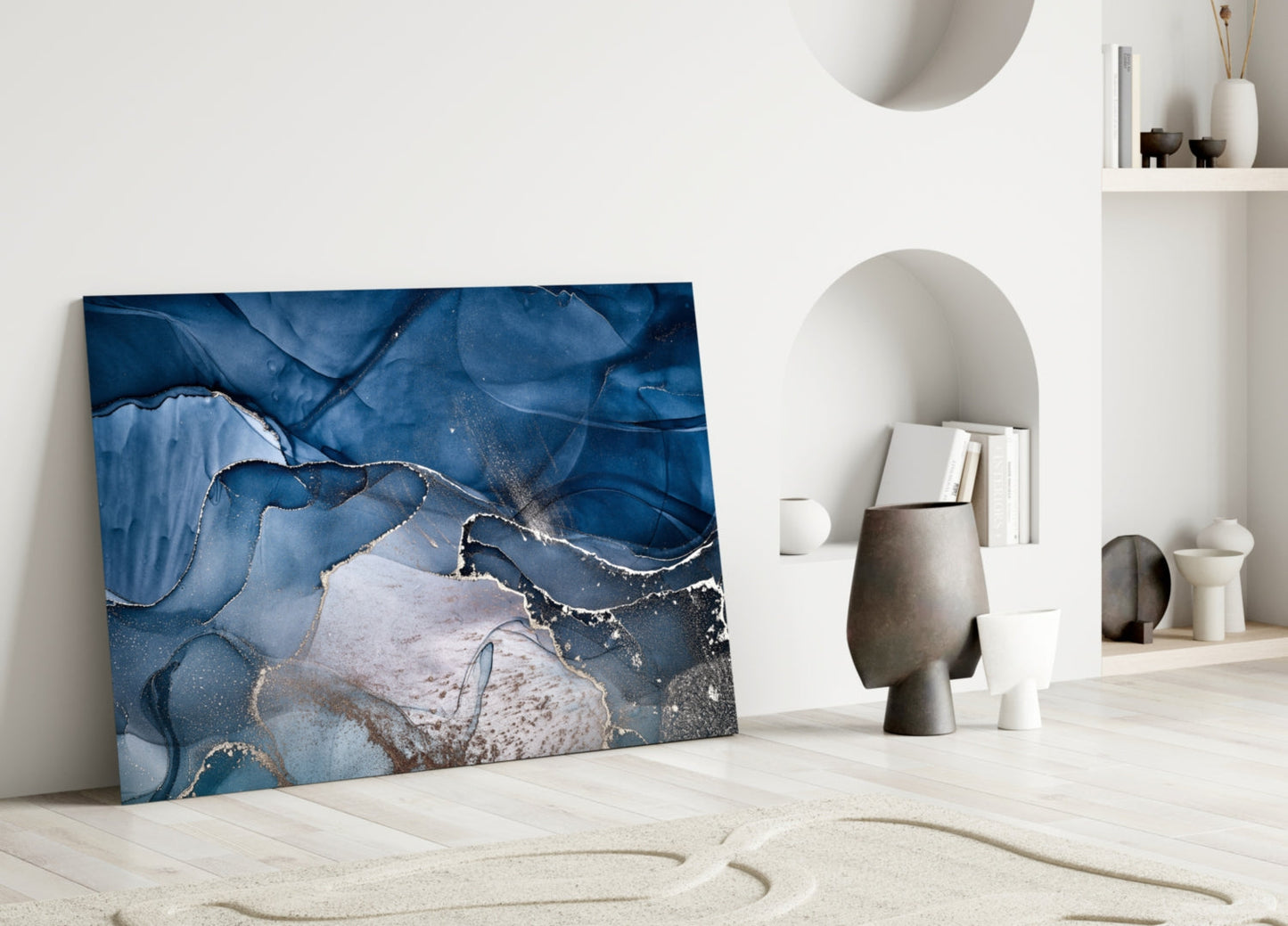Steel Blue Gold Ink Glass Wall Art