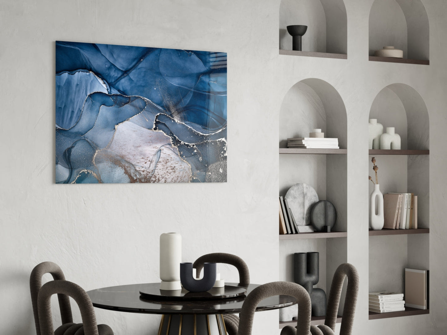 Steel Blue Gold Ink Glass Wall Art