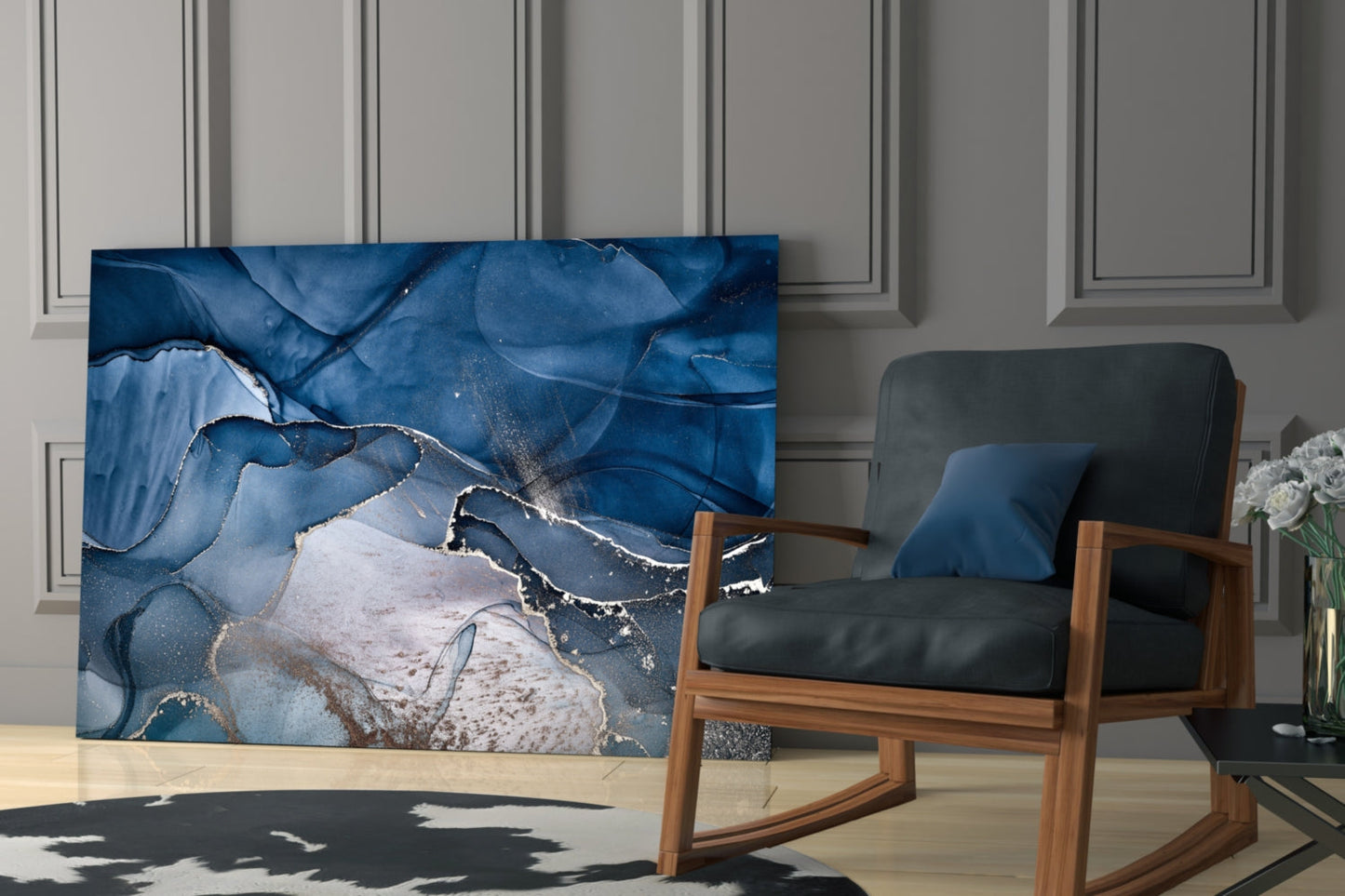 Steel Blue Gold Ink Glass Wall Art