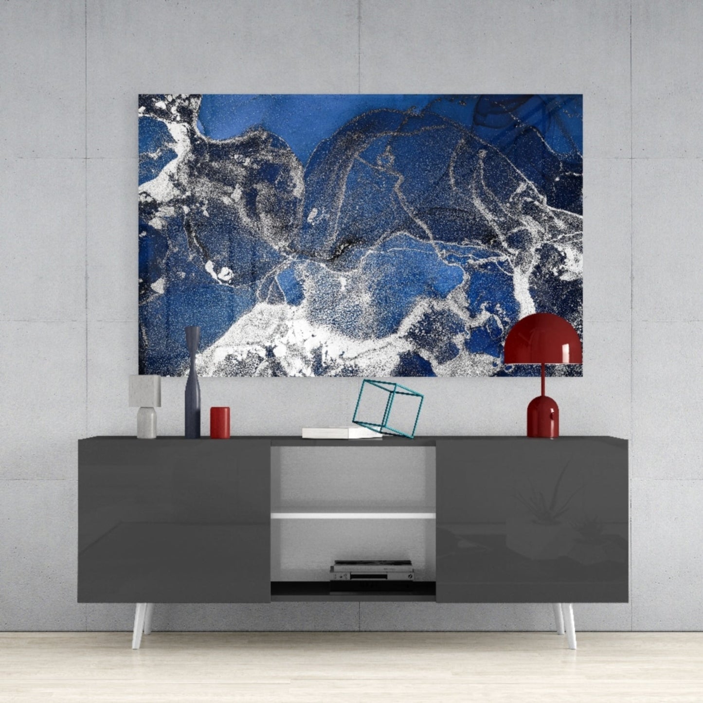 Royal Blue White Ink Glass Wall Art