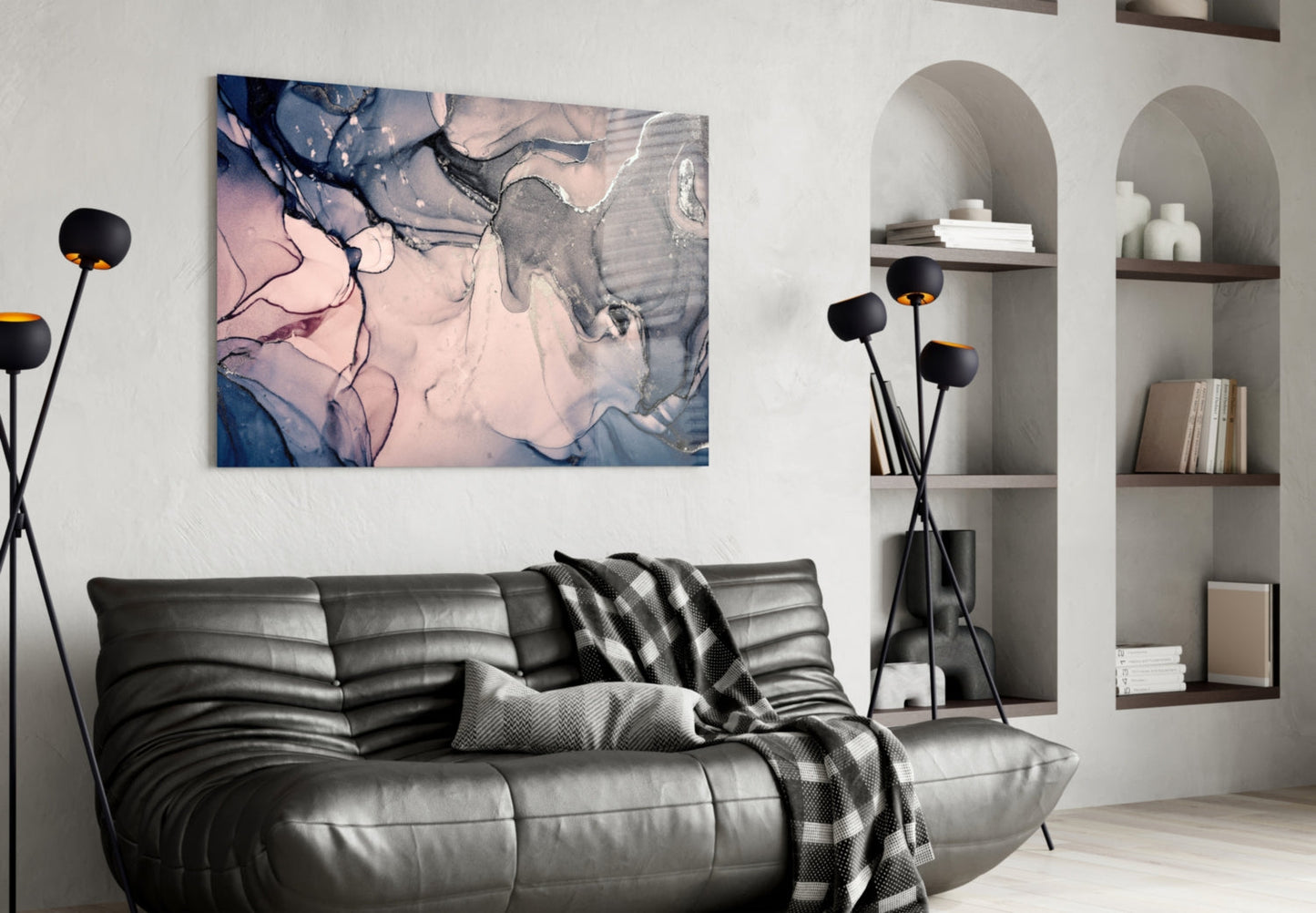 Blush Navy Ink Swirl Glass Wall Art