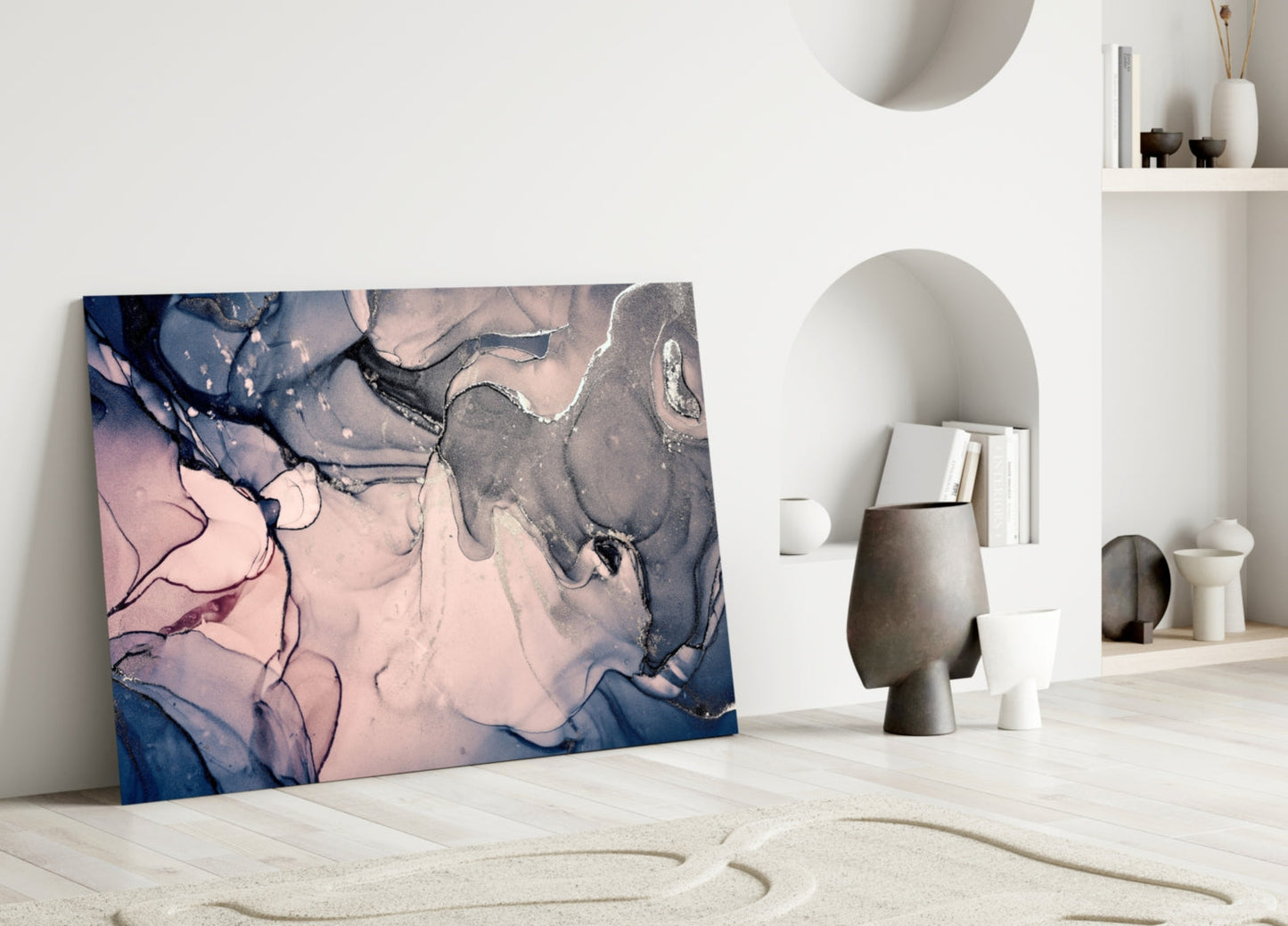 Blush Navy Ink Swirl Glass Wall Art