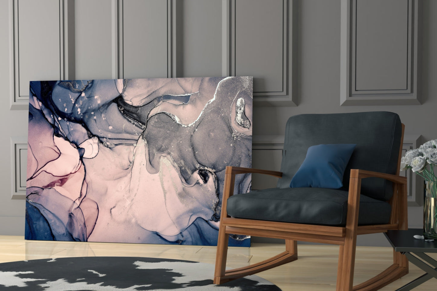 Blush Navy Ink Swirl Glass Wall Art