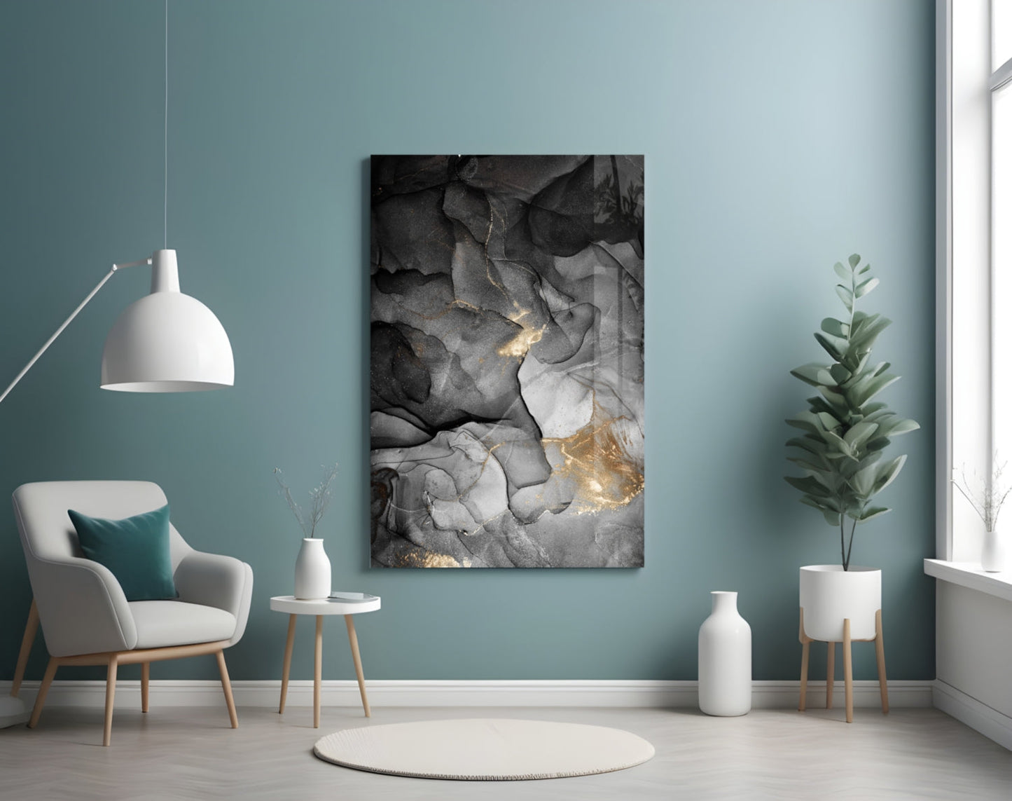Charcoal Black Gold Ink Glass Wall Art