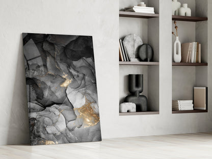 Charcoal Black Gold Ink Glass Wall Art