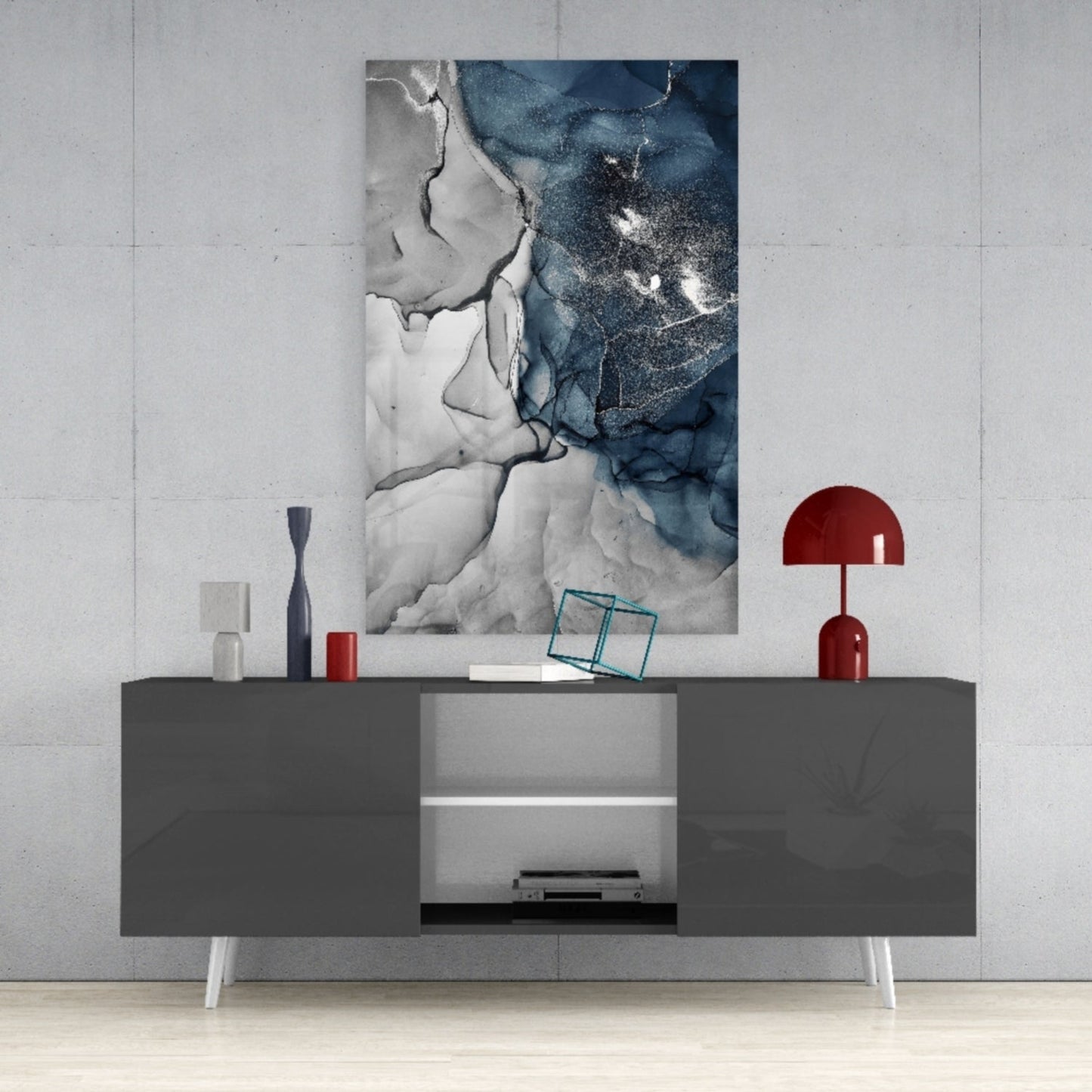 Blue Gray Ink Depth Glass Wall Art