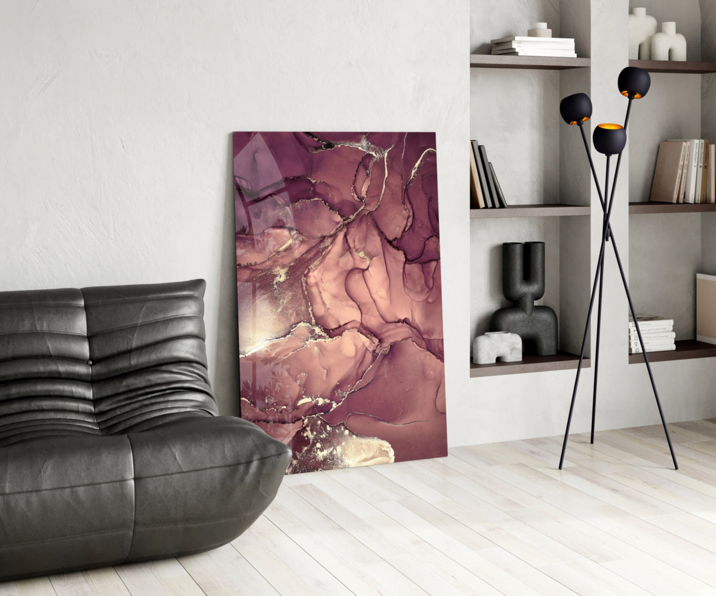 Mauve Pink Gold Veins Glass Wall Art