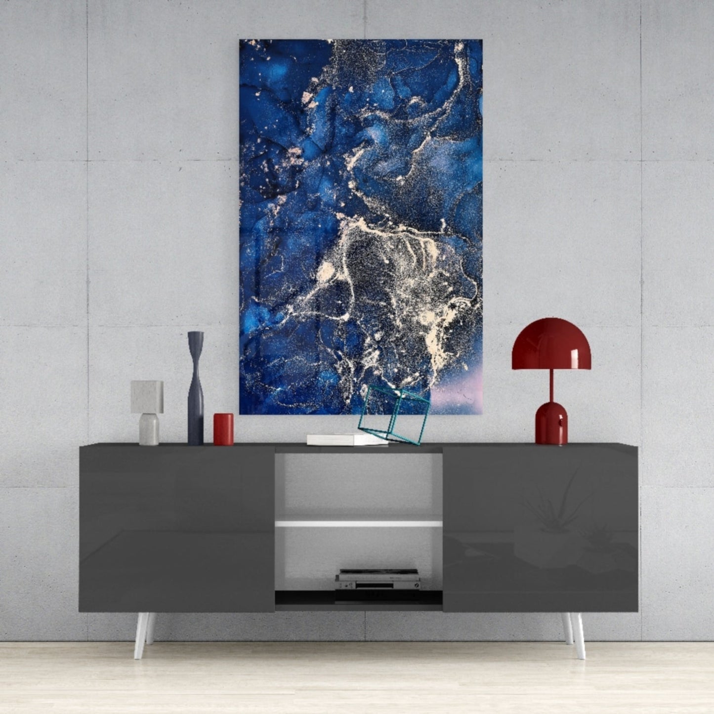 Navy Silver Ink Splash Glass Wall Art