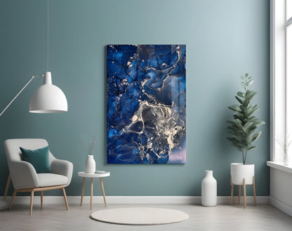 Navy Silver Ink Splash Glass Wall Art