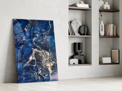 Navy Silver Ink Splash Glass Wall Art