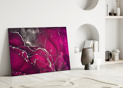 Fuchsia Silver Marble Ink Glass Wall Art