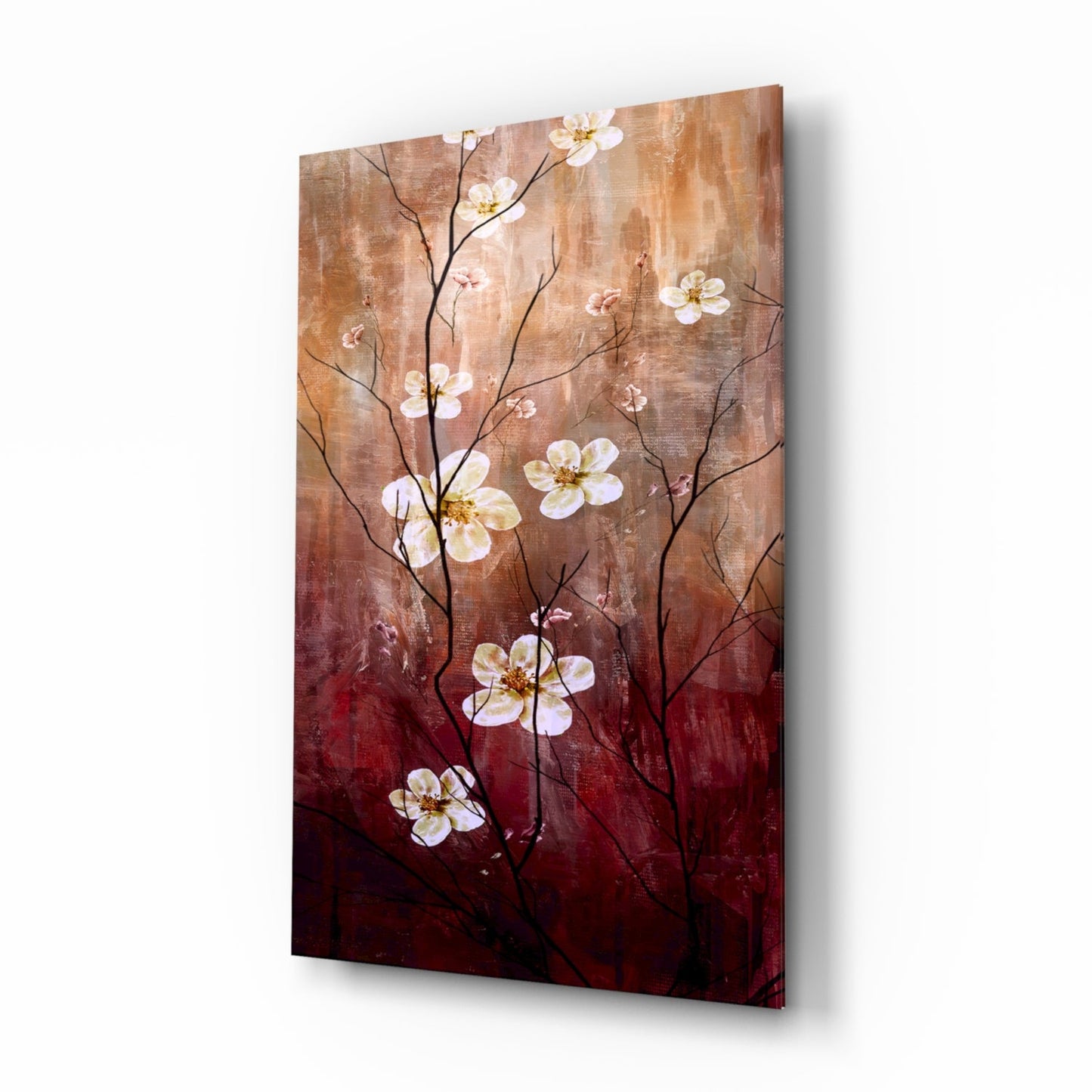 Crimson And Cream Blossom Branch Glass Wall Art