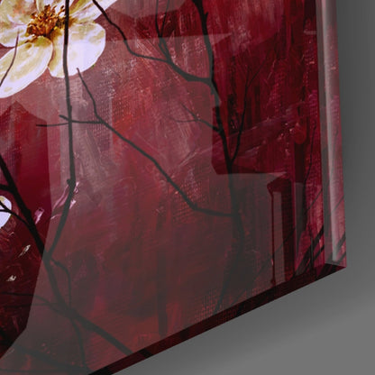 Crimson And Cream Blossom Branch Glass Wall Art
