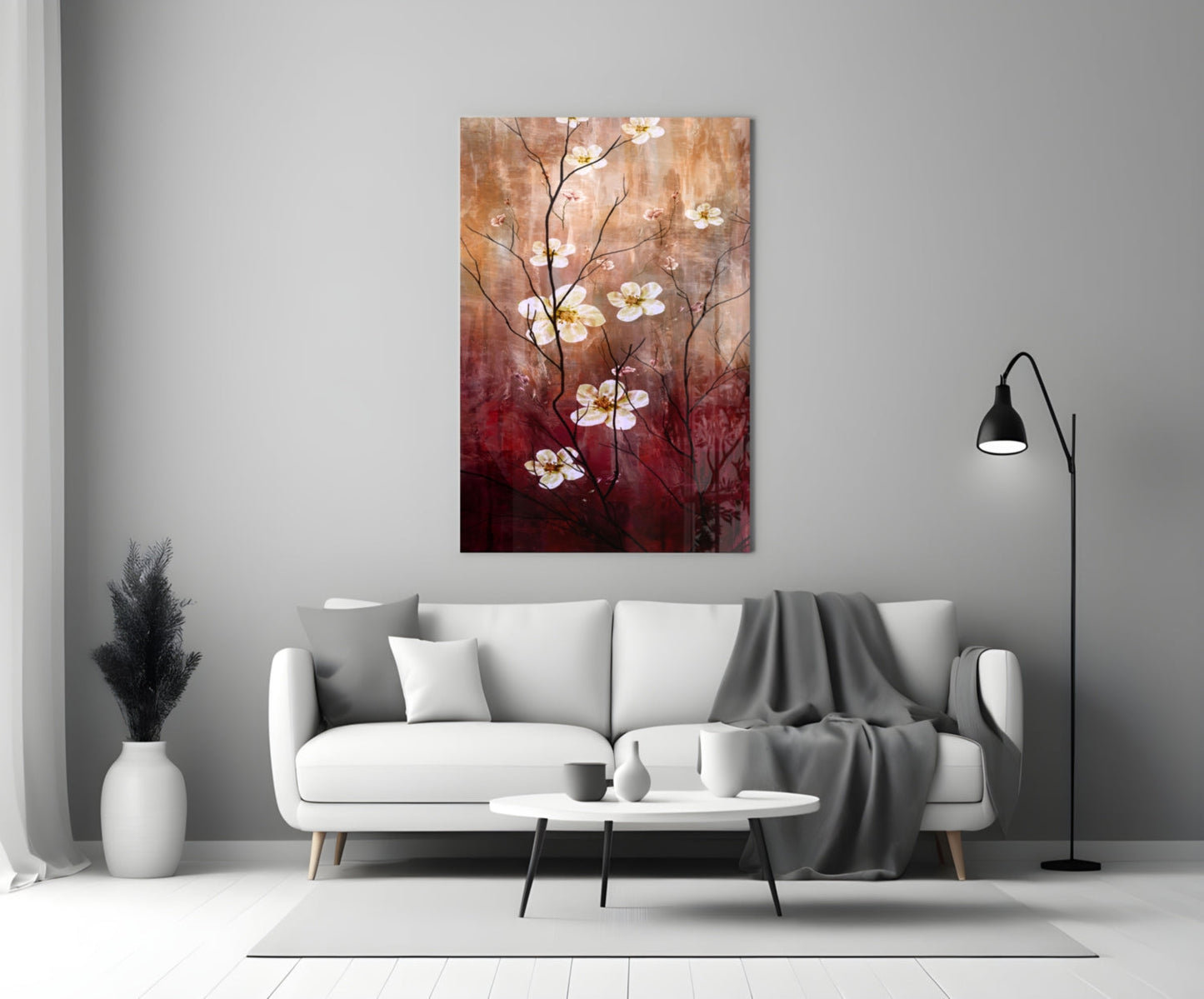 Crimson And Cream Blossom Branch Glass Wall Art