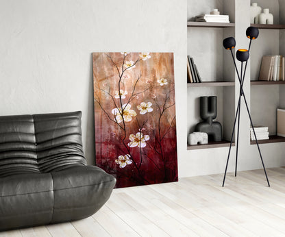 Crimson And Cream Blossom Branch Glass Wall Art