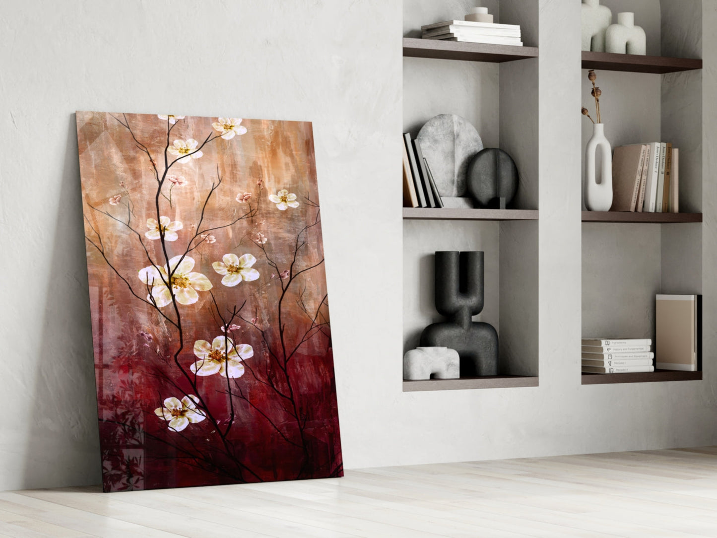 Crimson And Cream Blossom Branch Glass Wall Art