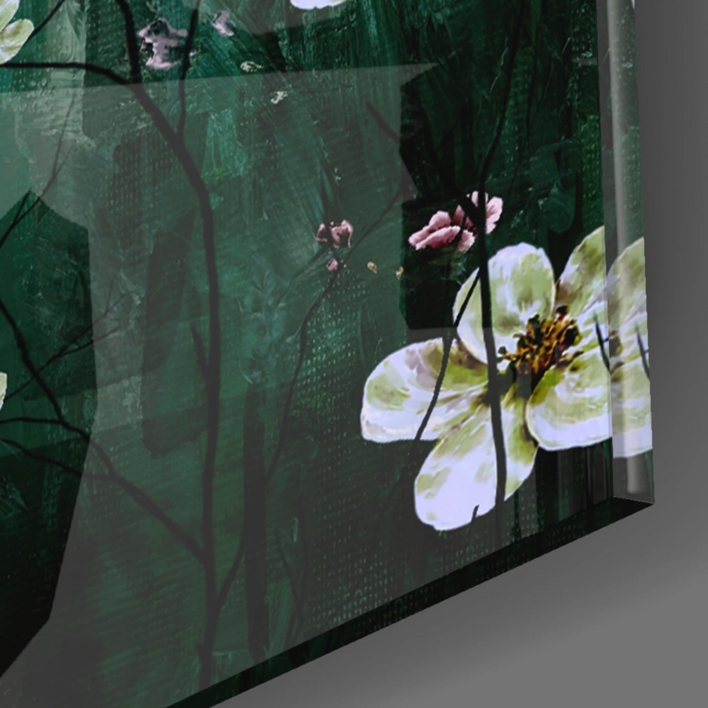 Emerald Green Misty Blossom Branch Glass Wall Art