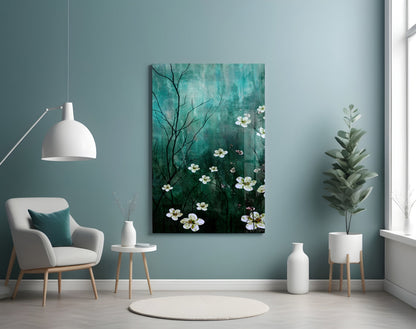Emerald Green Misty Blossom Branch Glass Wall Art