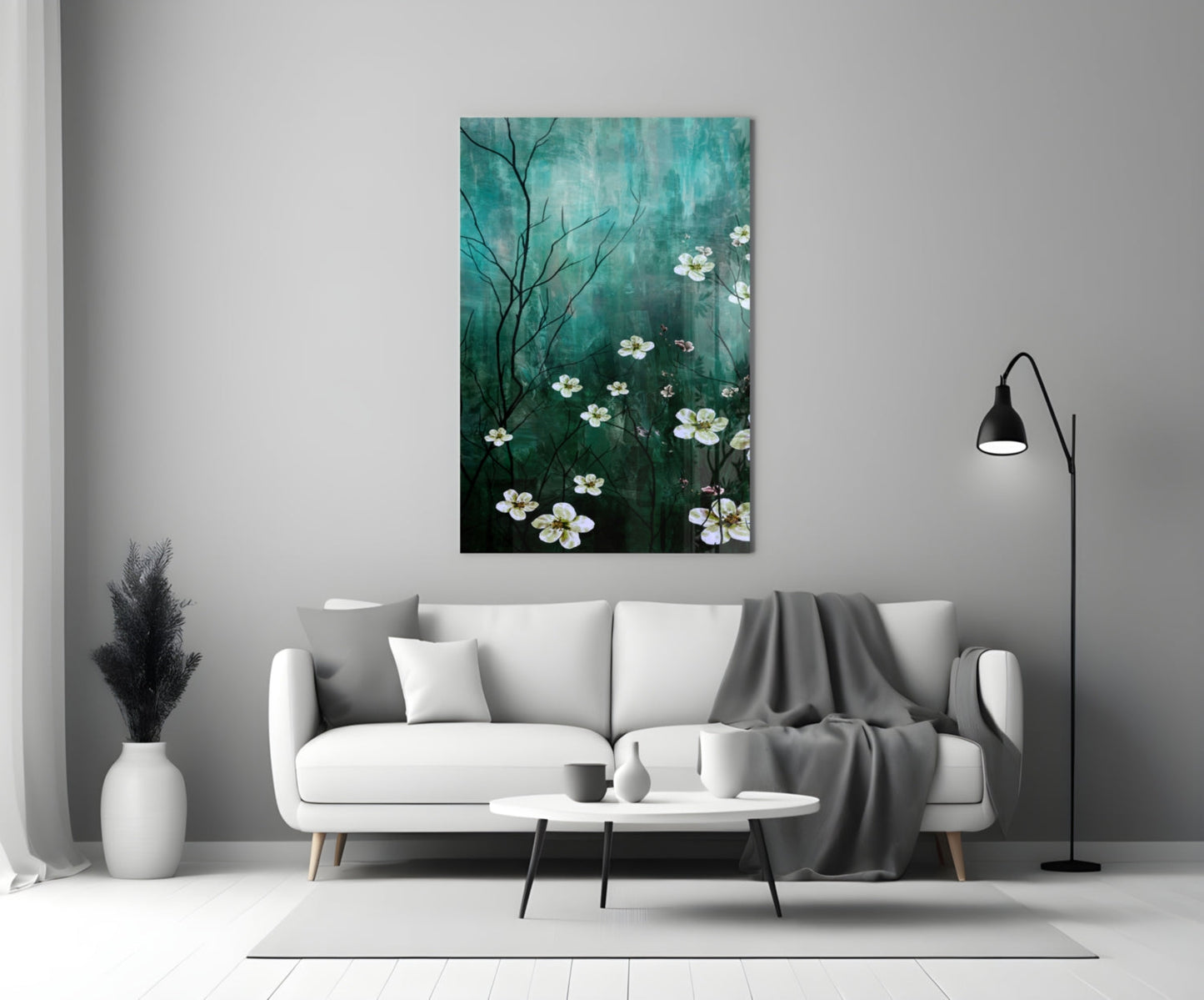 Emerald Green Misty Blossom Branch Glass Wall Art