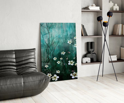 Emerald Green Misty Blossom Branch Glass Wall Art