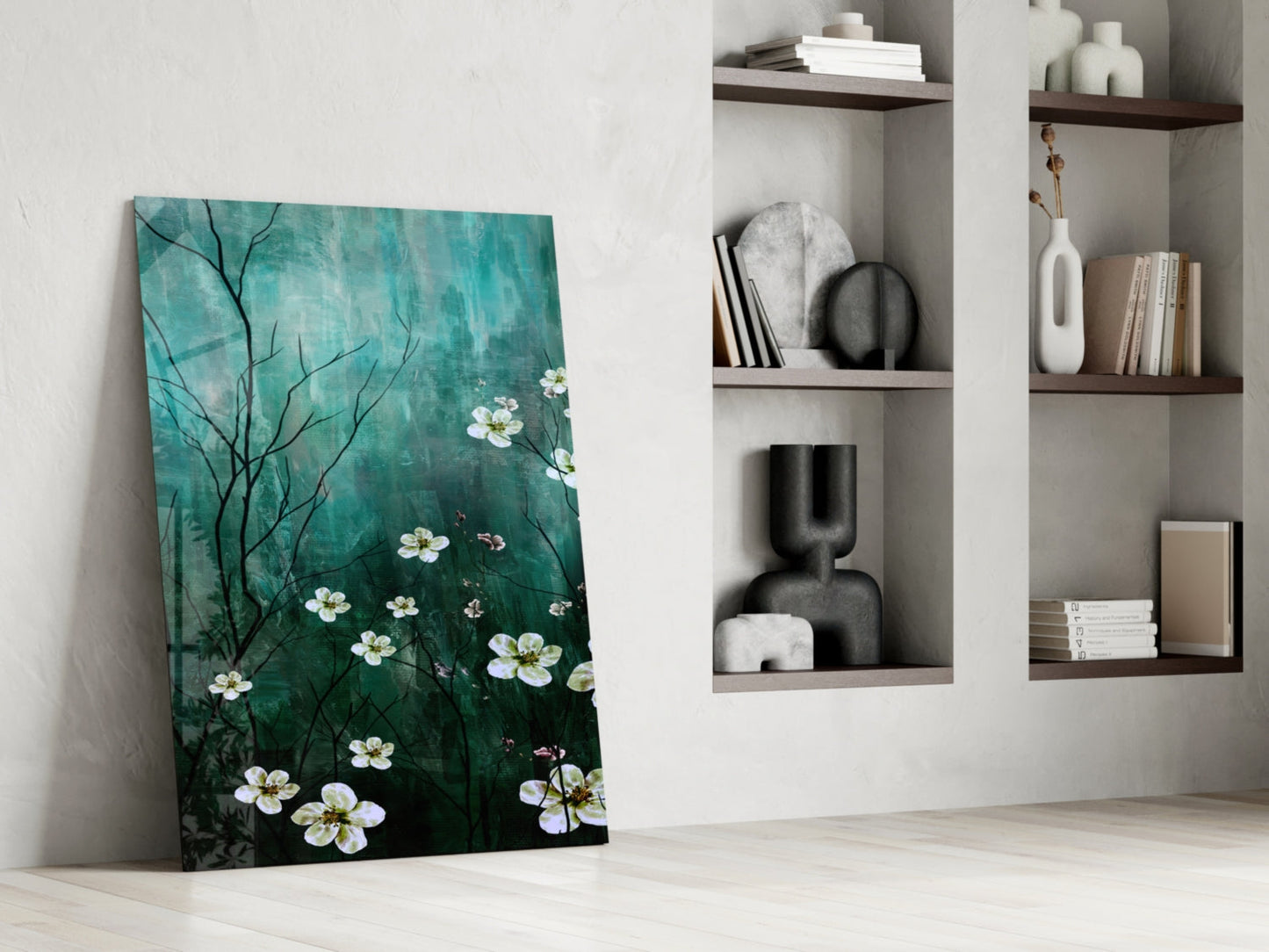 Emerald Green Misty Blossom Branch Glass Wall Art