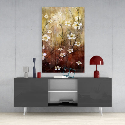 Amber Brown Blossom Branch Panel Glass Wall Art