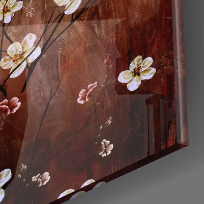 Amber Brown Blossom Branch Panel Glass Wall Art