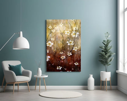 Amber Brown Blossom Branch Panel Glass Wall Art